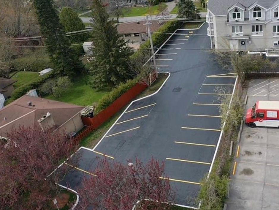 birds eye view of new line painting done in a parking lot